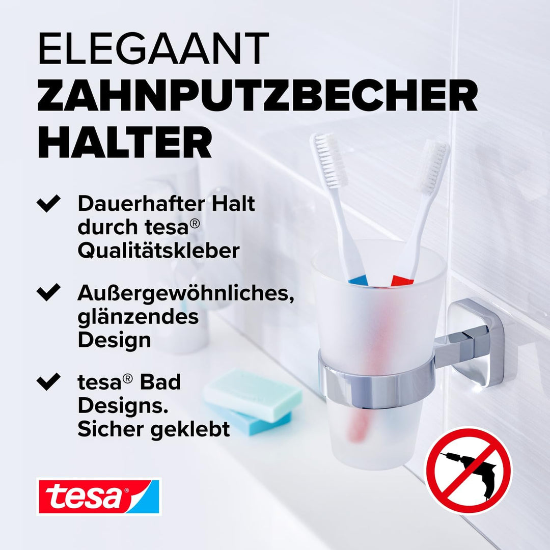 tesa ELEGAANT Zahnputzbecher mit Halterung - Becher aus Milchglas, verchromte Wandhalterung - zur Wa