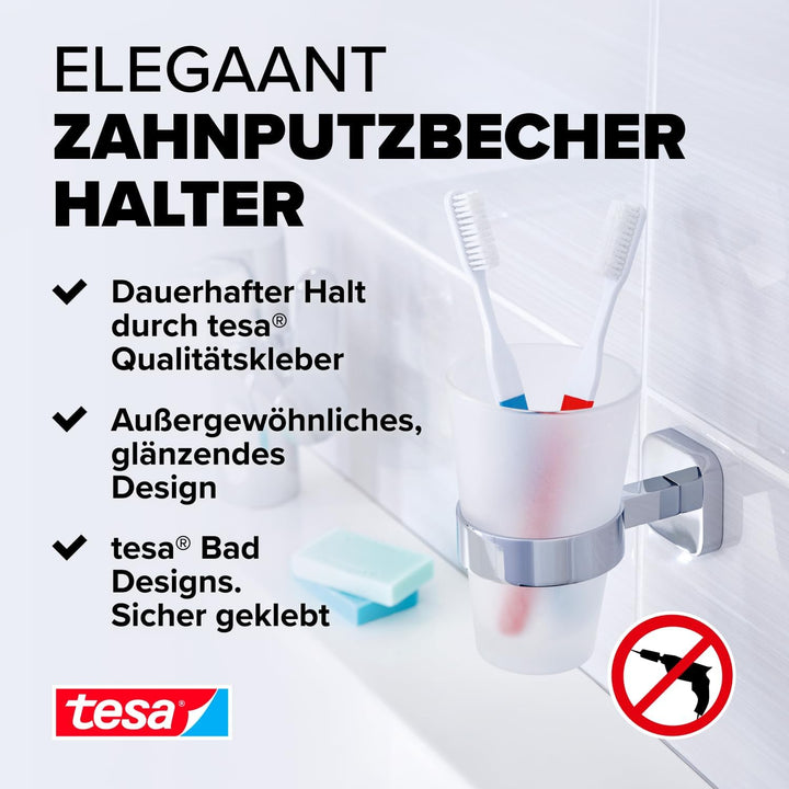 tesa ELEGAANT Zahnputzbecher mit Halterung - Becher aus Milchglas, verchromte Wandhalterung - zur Wa