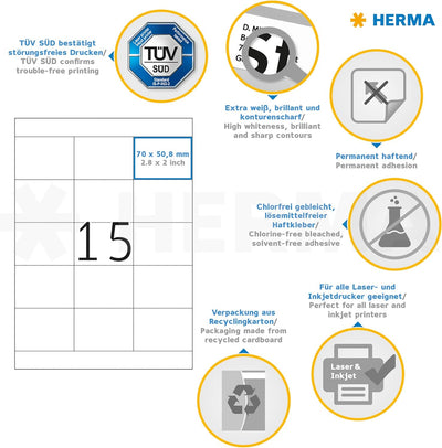 HERMA 4618 Universal Etiketten, 200 Blatt, 70 x 50,8 mm, 15 Stück pro A4 Bogen, 3000 Aufkleber, selb