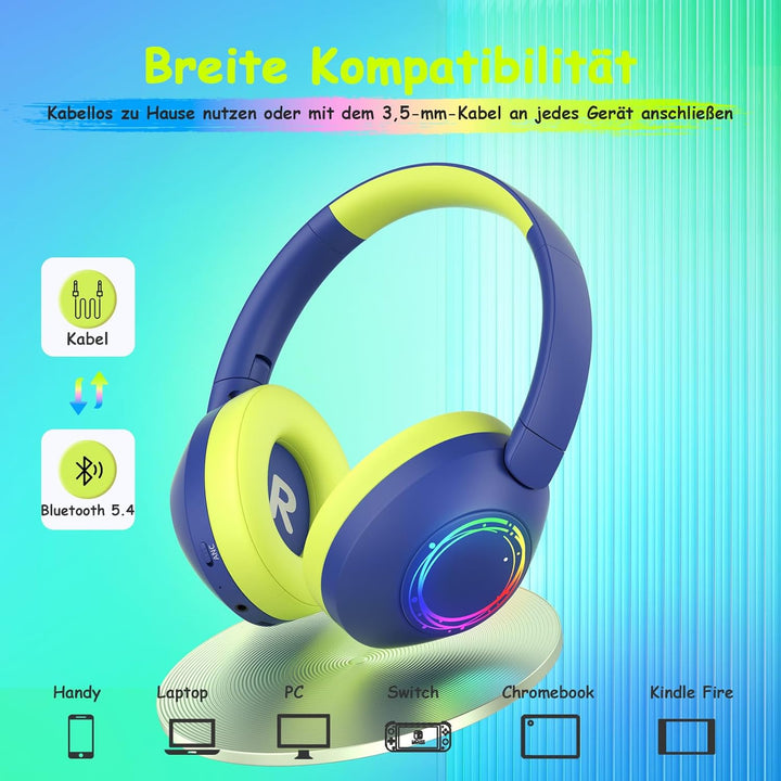 Noise Cancelling Kopfhörer Kinder, Kinderkopfhörer Bluetooth, Bunte RGB LED Leuchte, 60h Spielzeit,