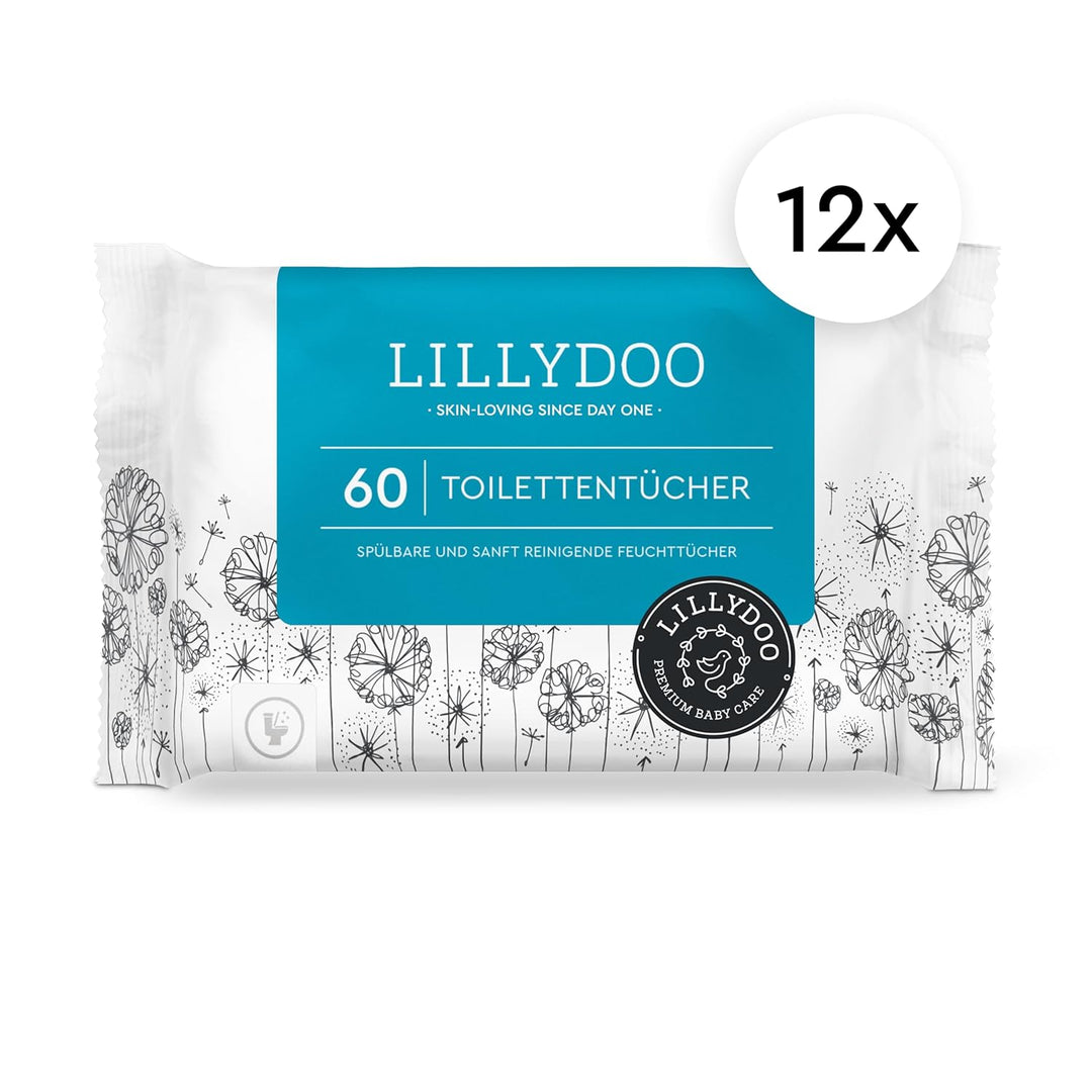 LILLYDOO Feuchte Toilettentücher, 720 Stück (12 x 60), 100% plastikfreies, spülbares Tuch, ohne Parf