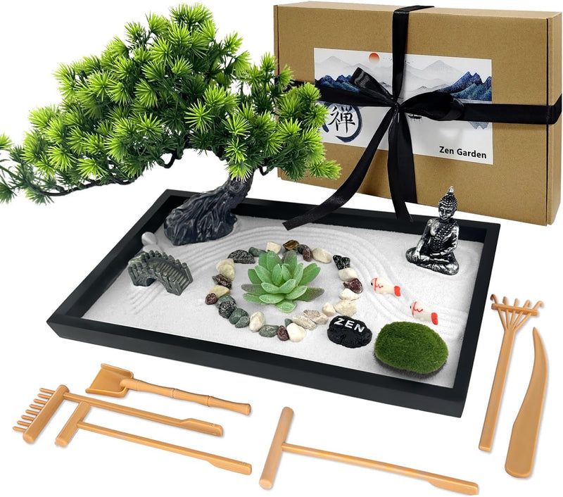 LuXianYS Zen Garten Set, 12x8 Zoll Zen Steine Garden für den Schreibtisch, Premium Japanisches Zen S