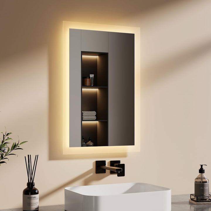 EMKE Badspiegel mit Beleuchtung 40x60cm, Badezimmerspiegel mit Warmweiss Licht 3000K, Wandschalter,