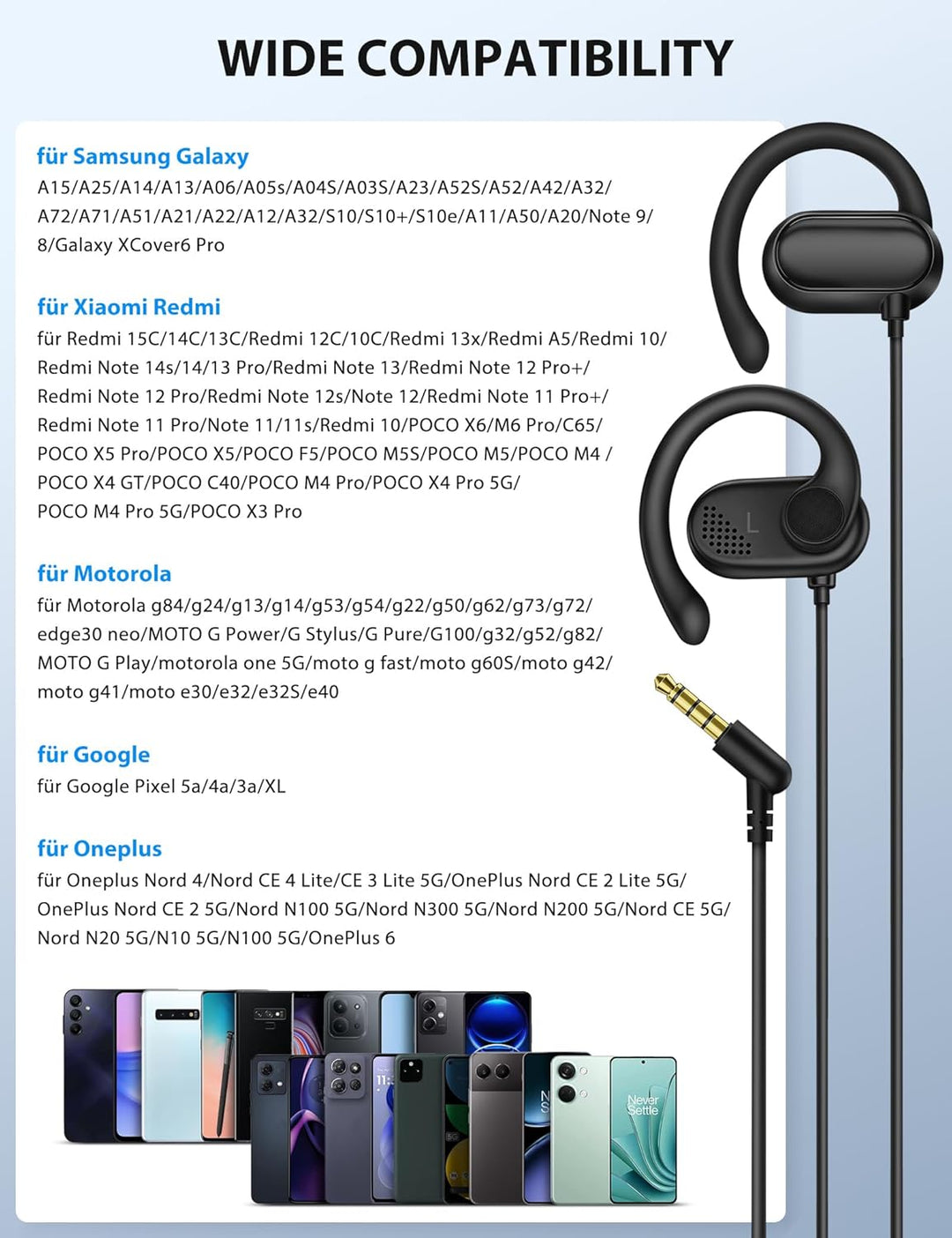 AUX 3,5mm Sport Kopfhörer Kabelgebunden für Xiaomi Redmi Note 14s 14 14Pro 15C Poco M7Pro,1,5m Kabel