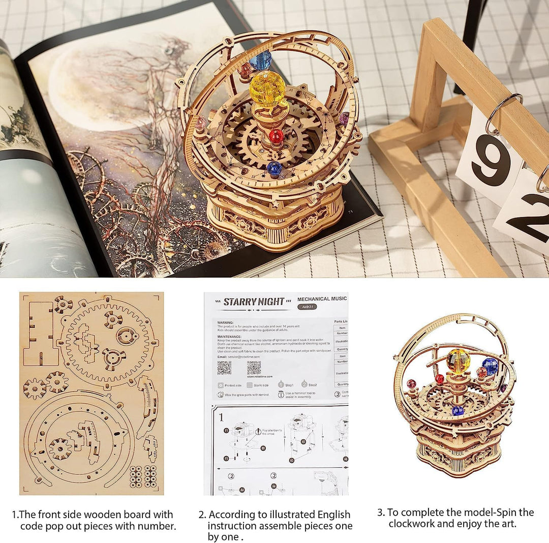 Robotime 3D Holz Puzzle Astronomie Spieluhr Modellbausatz für Erwachsene Mechanische Holzpuzzle Bast
