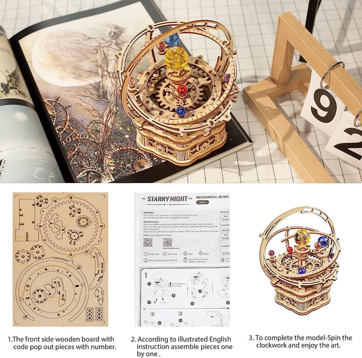 Robotime 3D Holz Puzzle Astronomie Spieluhr Modellbausatz für Erwachsene Mechanische Holzpuzzle Bast