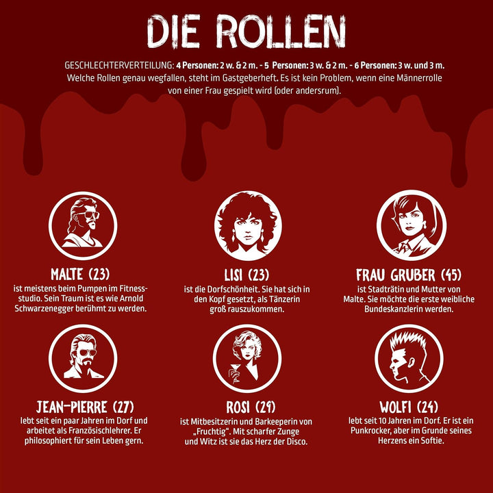 MORD bei Tisch Krimidinner für Zuhause - 4 bis 6 Personen - Der Dorfdisco Fall - Das Krimi Spiel ab