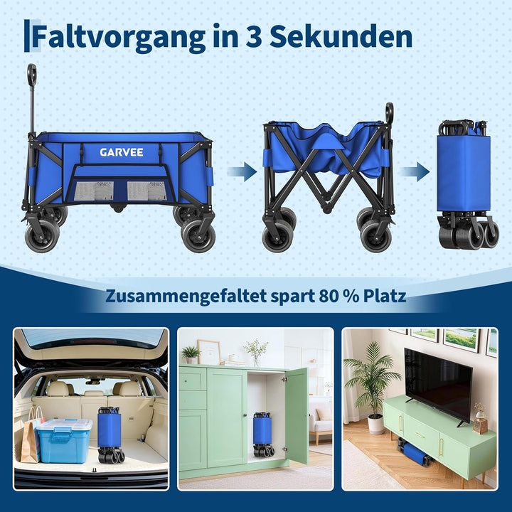 GarveeLife XXL Bollerwagen Faltbar, 200kg Belastbar &amp; 200L Volumen, Handwagen mit Bremsen &amp; 20cm Off