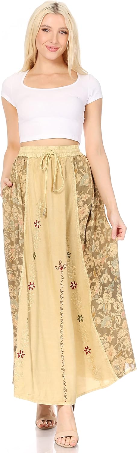 Sakkas Maran Frauen Boho Stickerei Rock mit elastischer Taille und Taschen