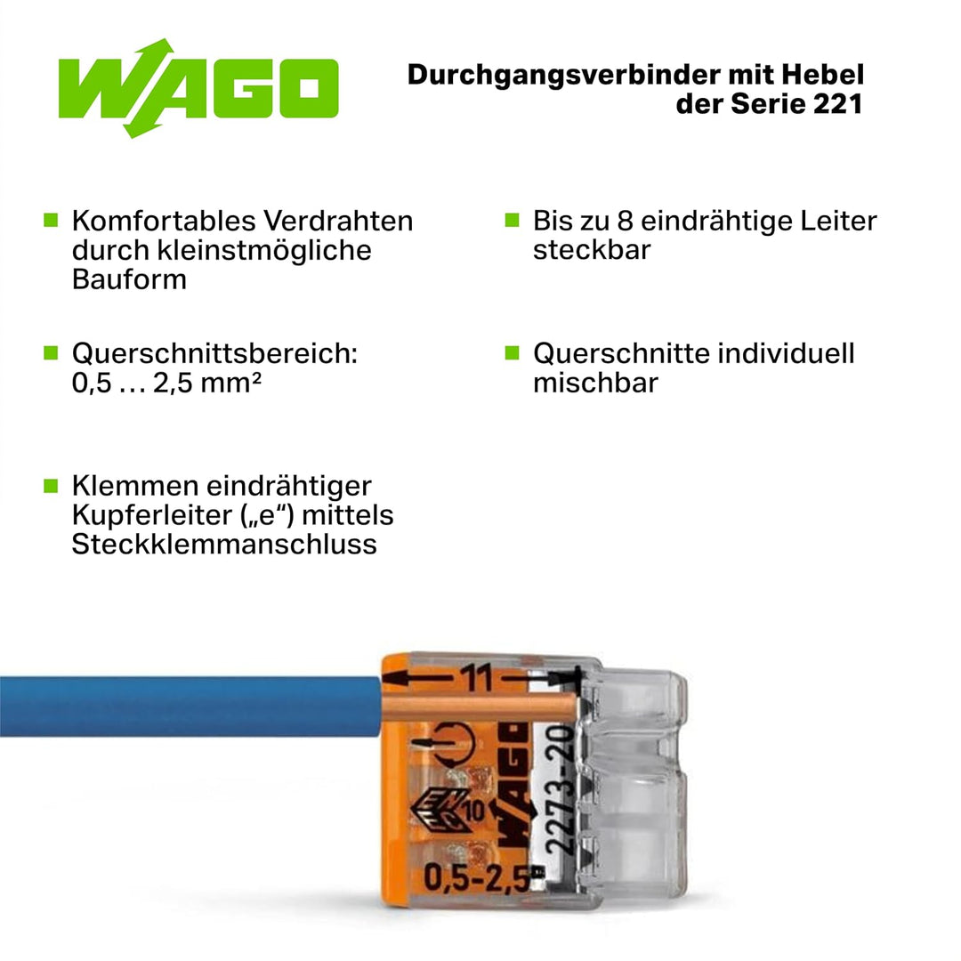 WAGO Verbindungsklemmen 2273-203 | 3 Leiter, bis 2,5 mm², 100 Stück, COMPACT Verbindungsklemme für e