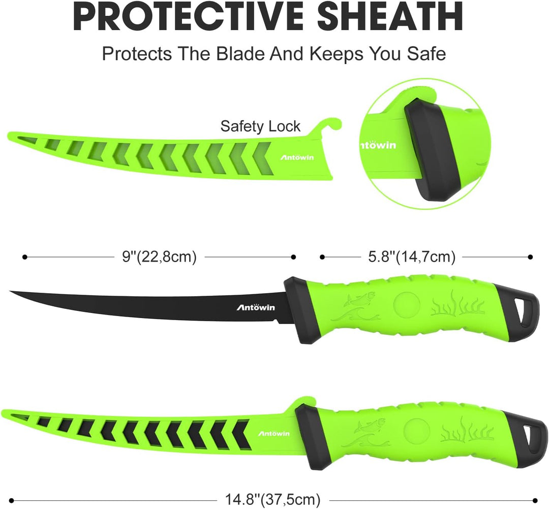 ANTOWIN 22,8 cm Fishing Edelstahl Filetiermesser Set mit Messer-Schärfer, Ergonomischer ABS Griff, B