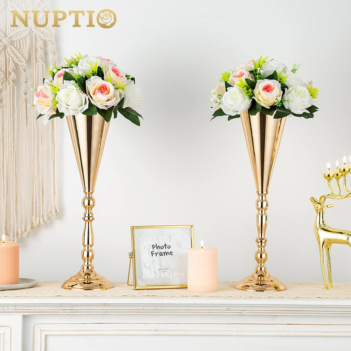 NUPTIO Gold Vase für Hochzeit Tischdeko: 2 Stück 42cm Hohe Blume Trompete Vasen Metall Tische Mittel