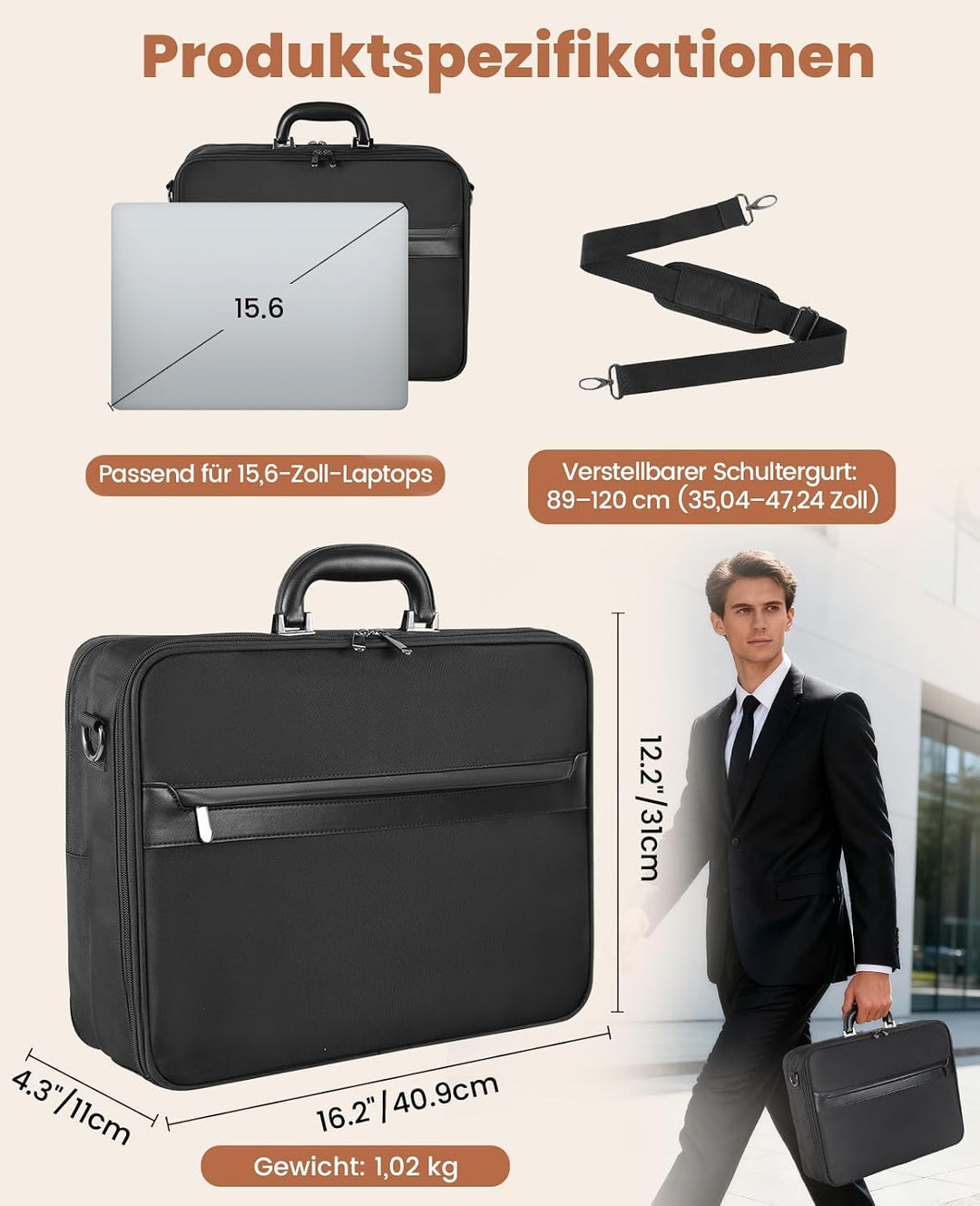 Jetviivid Aktentasche Herren, 15.6 Zoll Laptoptasche Gross, Wasserdichte Briefcase mit Schultergurt,