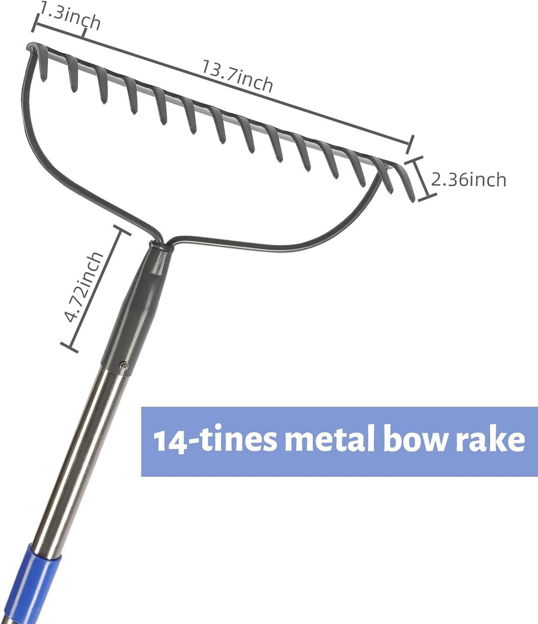 Gartenrechen 14 Zinken, Bogenrechen Metall Schwerlast aus Edelstahl mit Stiel 152 cm, Robuster Laubr