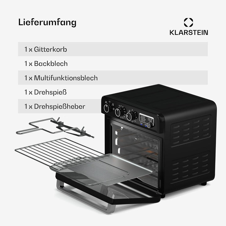 Klarstein AirGlaze Heissluftfritteuse – 34 L, 2000 W, 9 Programme, Drehknopfsteuerung, Rotisserie, P