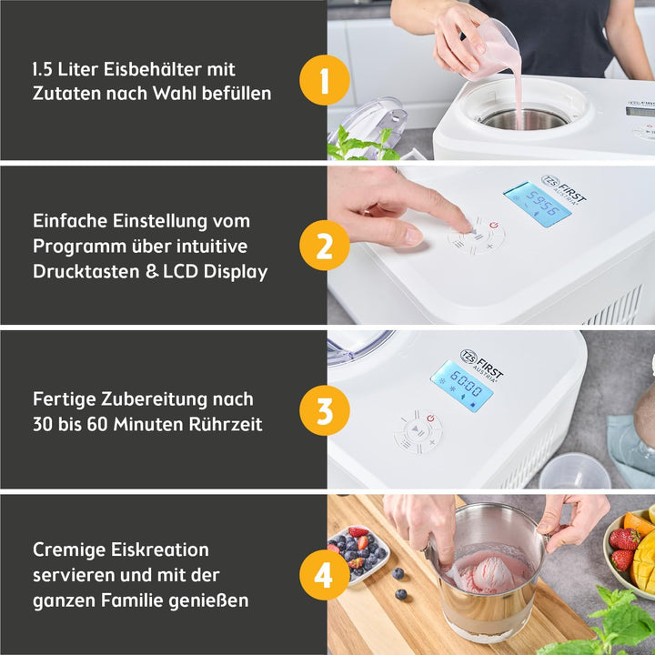TZS First Austria Eismaschine | 1,5L | Kompressor | Entnehmbarer Edelstahl Behälter | Rezeptheft | L