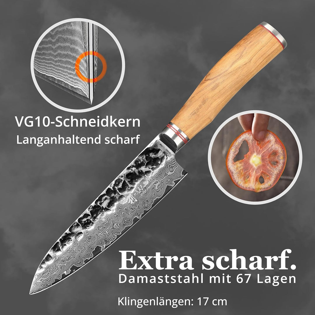 Wakoli Olive Santoku Messer aus echtem Damaststahl (VG10 Kern) 17cm Klinge – Scharfes Damast Küchenm