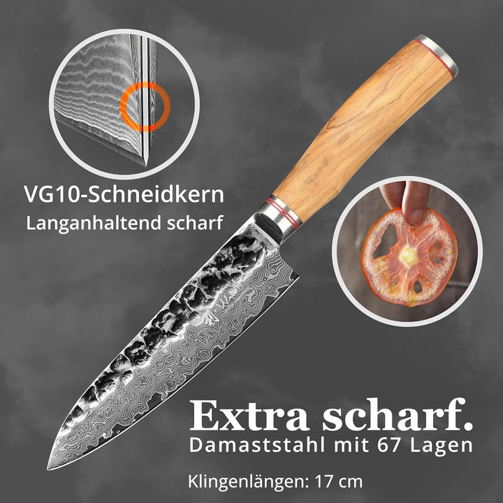 Wakoli Olive Santoku Messer aus echtem Damaststahl (VG10 Kern) 17cm Klinge – Scharfes Damast Küchenm