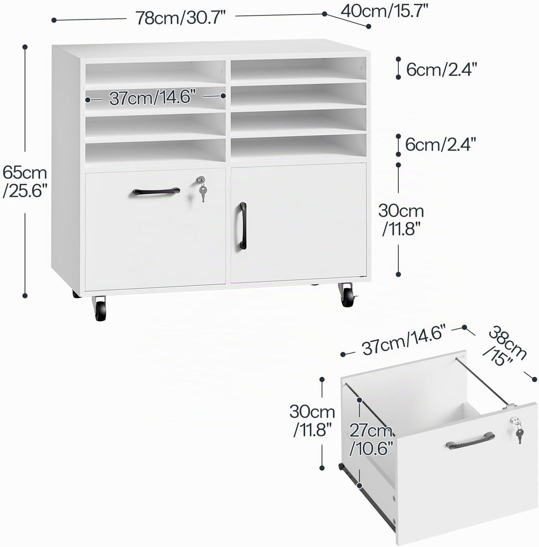 HOOBRO Rollcontainer mit abschliessbarer Schublade und 8 Fächern, mobiler Aktenschrank, Schubladensc