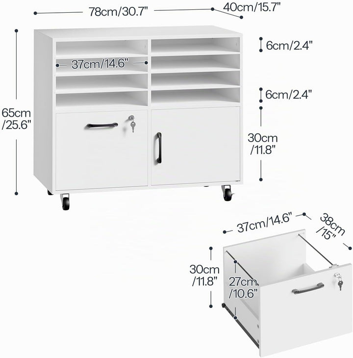 HOOBRO Rollcontainer mit abschliessbarer Schublade und 8 Fächern, mobiler Aktenschrank, Schubladensc
