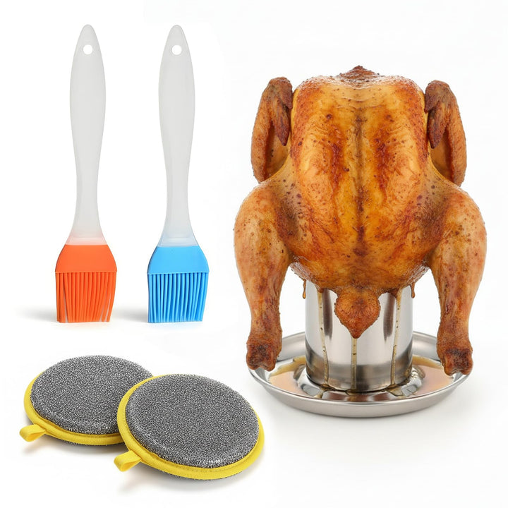 Hähnchenbräter, Hähnchenhalter aus Edelstahl, Geflügelbräter Grill mit 2 Ölpinsel und 2 Reinigungstu