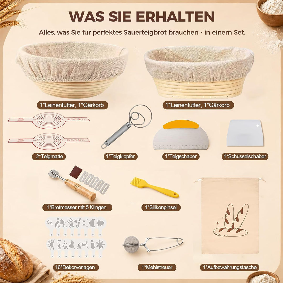 14 Stück Sauerteig Starter Set– Brotgärkorb – Set– aus Silikon (23cm Rund &amp; 25cm Gärkörbchen Oval)–G