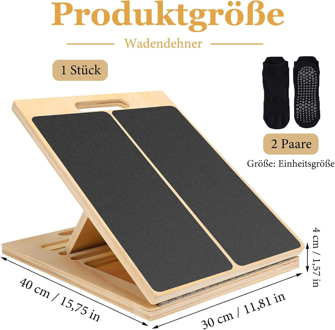 Wadendehner, Verstellbar Slant Board mit Tragegriff, Portable Wooden Slant Board, mit 2 Paar Baumwol