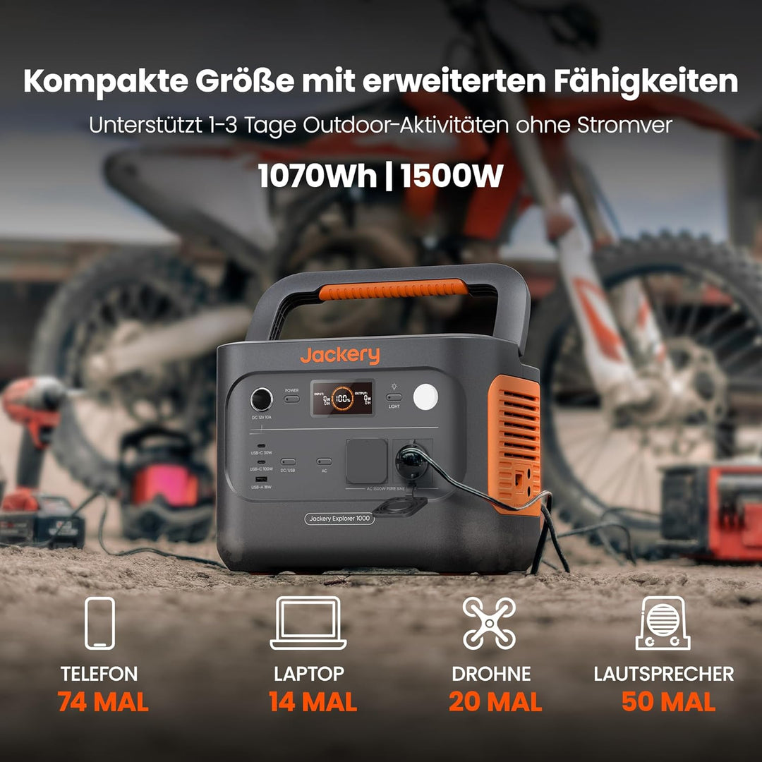 Jackery Solargenerator 1000 v2 mit 100W Solarpanel, 1070Wh LiFePO4 Tragbare Powerstation, 1500W AC/1