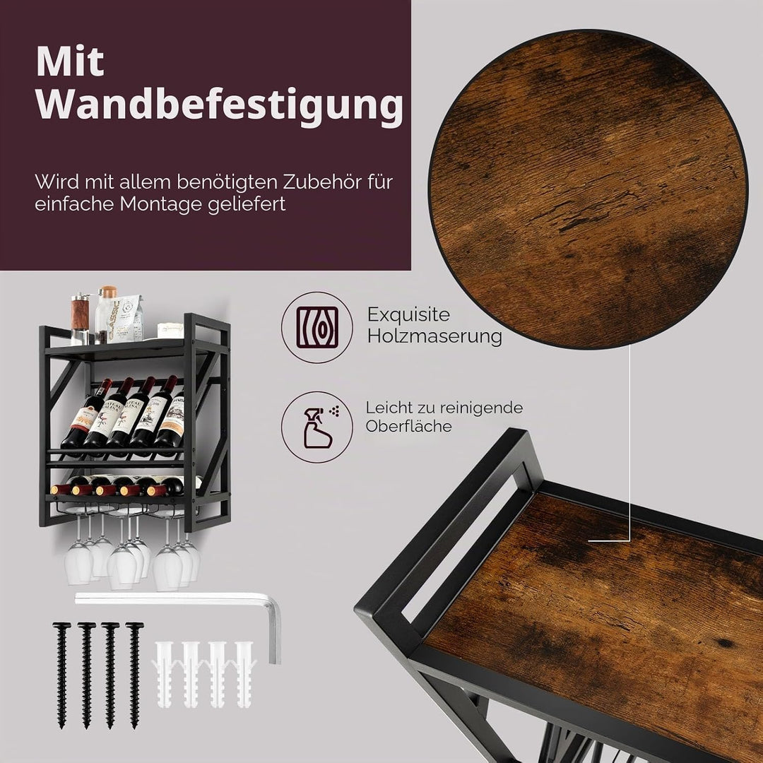 KOMFOTTEU Weinregal Wand, Flaschenregal Holz mit Metallrahmen, dekoratives Wandregal mit Becherhalte