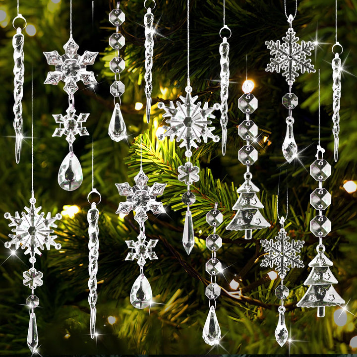 Weihnachtsbaumschmuck Set, Christbaumschmuck Schneeflocken Eiszapfen Set, Acryl Schneeflocken Eiszap