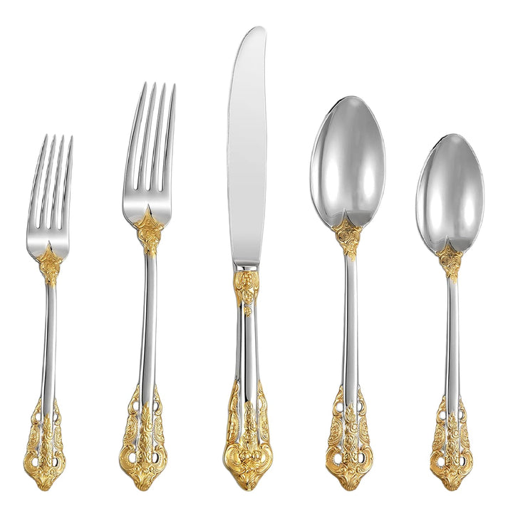 Prächtiges Barock Gold Silber 18/10 Edelstahl Besteck-Set mit 20 Teilen, rostfreies Edelstahl Bestec