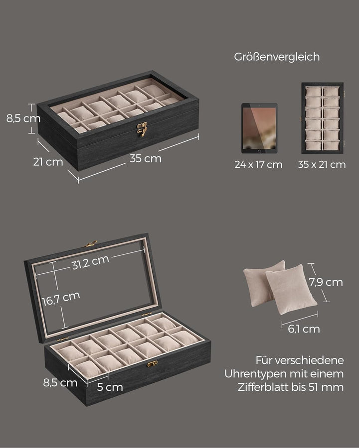 SONGMICS Uhrenbox mit 12 Fächern, Uhrenkasten aus Massivholz, mit Glasdeckel, Uhrenkissen, Geschenk