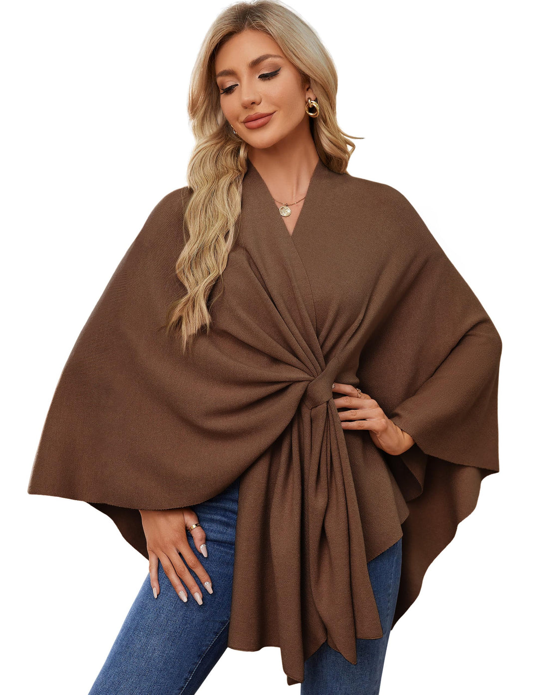 PULI Damen Elegant Poncho Strick Ponchos Capes Vorne öffnen Vielseitige Schalwickel mit Lasche Karam
