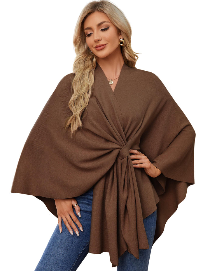PULI Damen Elegant Poncho Strick Ponchos Capes Vorne öffnen Vielseitige Schalwickel mit Lasche Karam