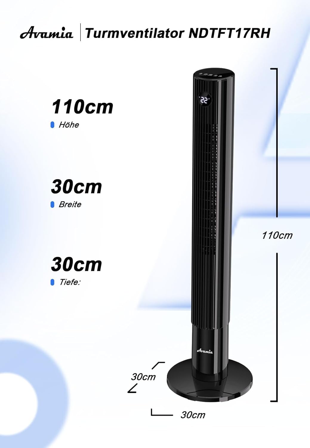 26dB Leiser Turmventilator, 110 cm Flügelloser Turmventilator, 7,8 m/s Luftstrom, 3 Geschwindigkeite