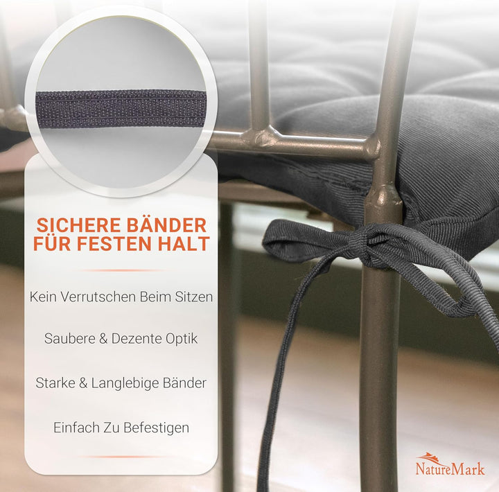 NatureMark 4er Set Stuhlkissen mit Bändern 40x40 cm – Gefüllte Sitzkissen, Outdoor & Indoor – Anthra
