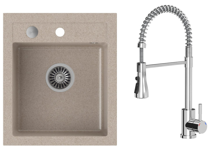 VBChome Spülbecken mit Armatur 43 x 50 cm Beige Granit Einzelbecken Einbauspüle gesprenkelt reversib