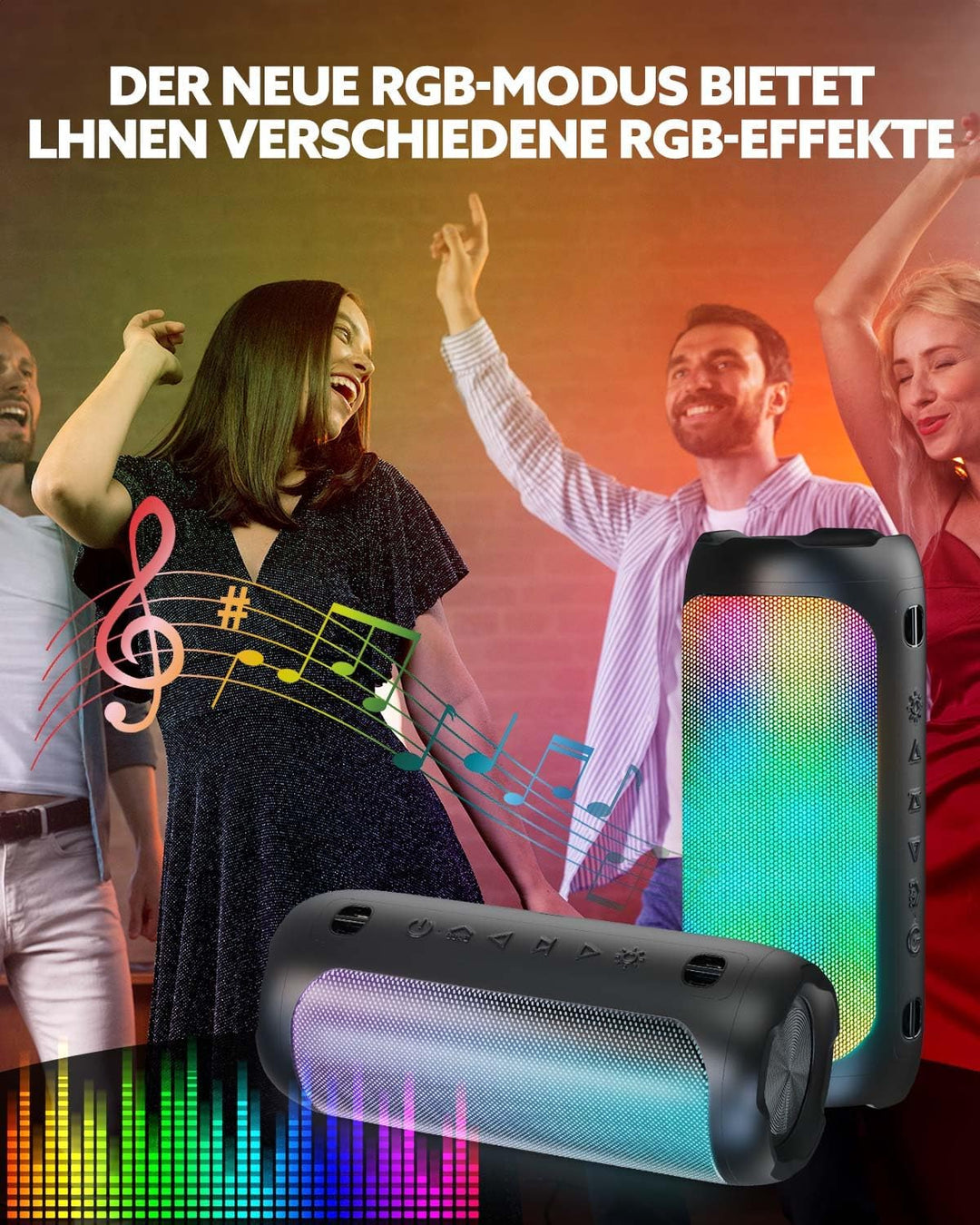 Bluetooth Lautsprecher mit 6 RGB-Lichter, Bluetooth 5.1 Tragbarer Box, 30W Dual Lautsprecher, TWS Pa