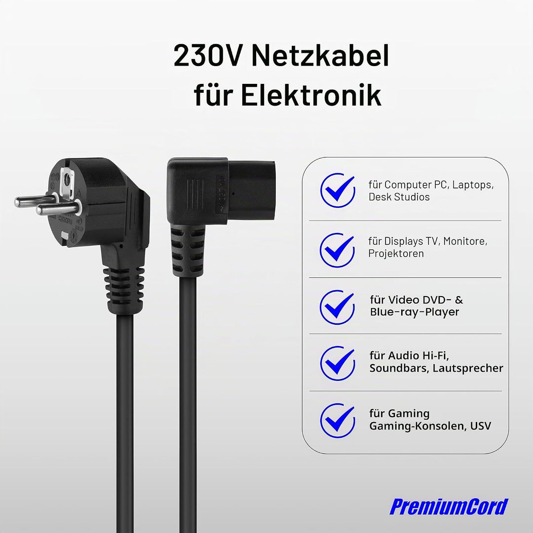 PremiumCord Netzkabel 230V 5m, Stromkabel mit Schutzkontakt gewinkelt auf Kaltgerätebuchse C13 gewin
