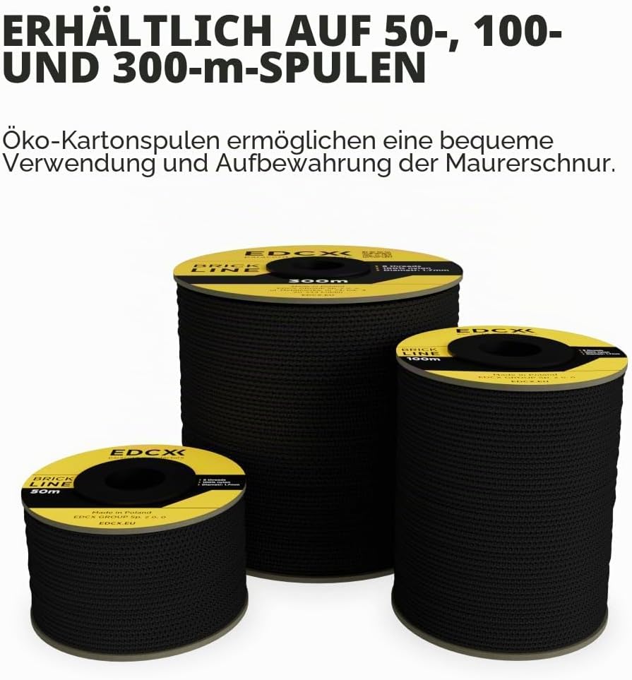 EdcX Maurerschnur ⌀1,7 mm | 50m, 100m und 300m | Nylon | Ziegellinie, Bauschnur, Gartenarbeit, Mason