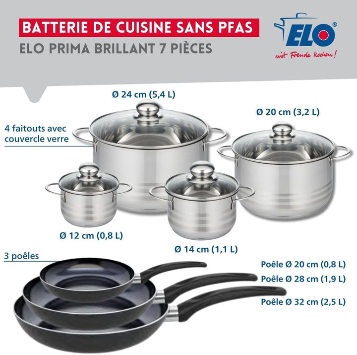 ELO 9749250 Kochgeschirr-Set, 7-teilig, 3 Bratpfannen 20, 28 und 32 cm, 4 Kochtöpfe 12, 14, 20 und 2