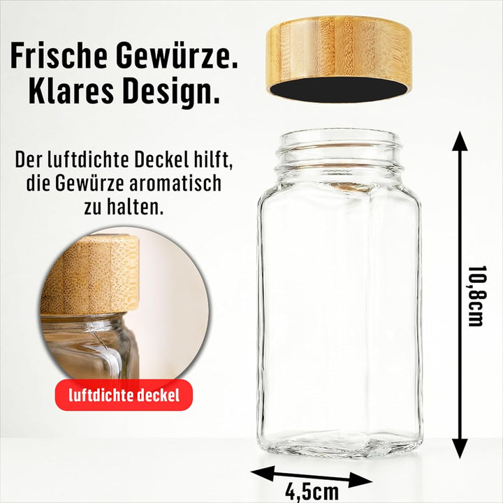 Deco Haus® Gewürzgläser eckig mit Holzdeckel 24er Set [+ Etiketten & Streueinsatz] - Gewürzdosen Set