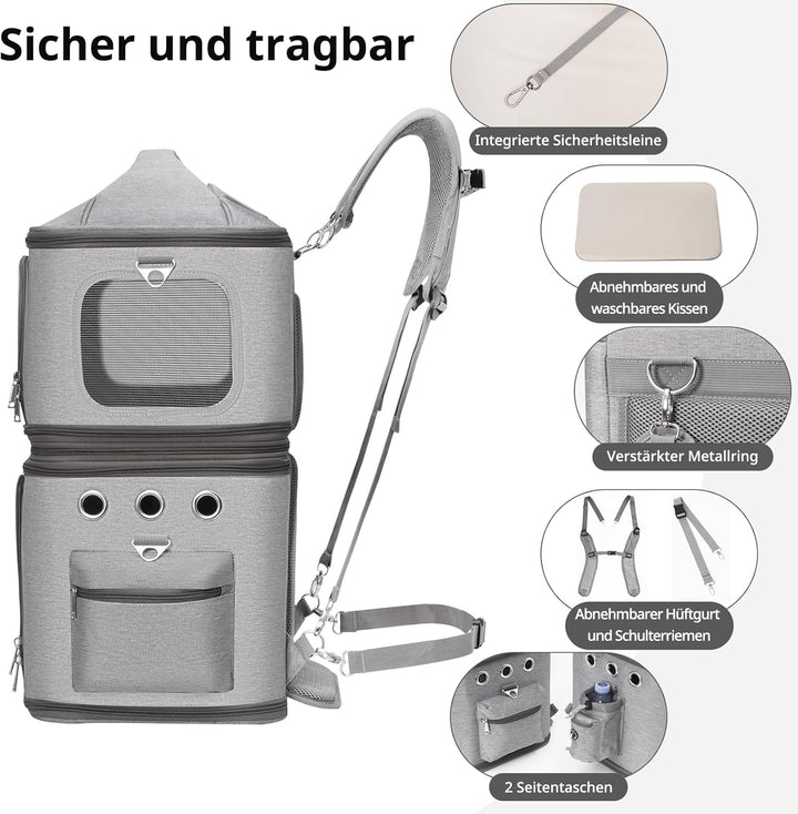Abnehmbarer Katzenrucksack für 2 Katzen bis 12kg, Grau