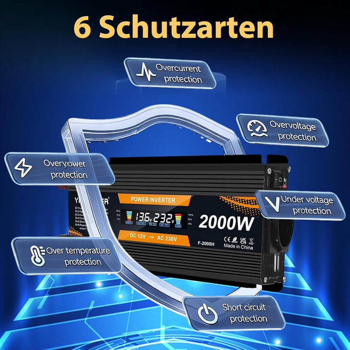 Yinleader Wechselrichter 900W 2000W 12V 230V Spannungswandler LCD mit 1 Steckdose 2 USB Anschlüsse
