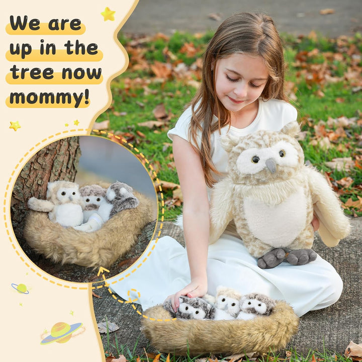 MorisMos gross Eule Kuscheltier XXL Set, 40cm hoch riesen Eule Kuscheltier mit 3 Babys im Bauch, owl