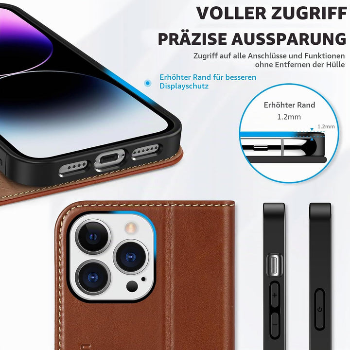 SHIELDON Hülle für iPhone 14 Pro Max Handyhülle [Erstklassig Echtleder] [Kartenfach] [Magnet] [Stand