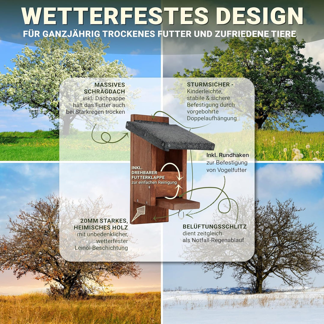 Eichhörnchen Futterhaus wetterfest aus pfälzer Holz – ohne Genickbruchklappe – Futterstation & Überw