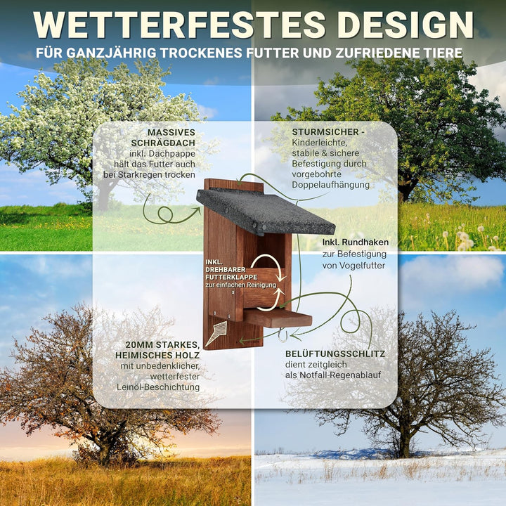 Eichhörnchen Futterhaus wetterfest aus pfälzer Holz – ohne Genickbruchklappe – Futterstation & Überw