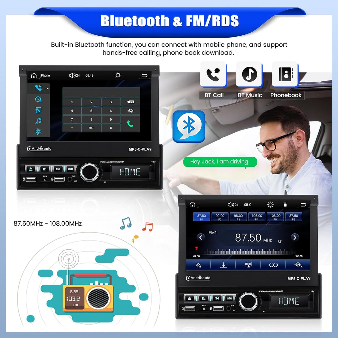 CAMECHO Autoradio 1 Din Navi mit Wireless Carplay & Android Auto, 7 Zoll Motorisch Ausfahrbarem Bild