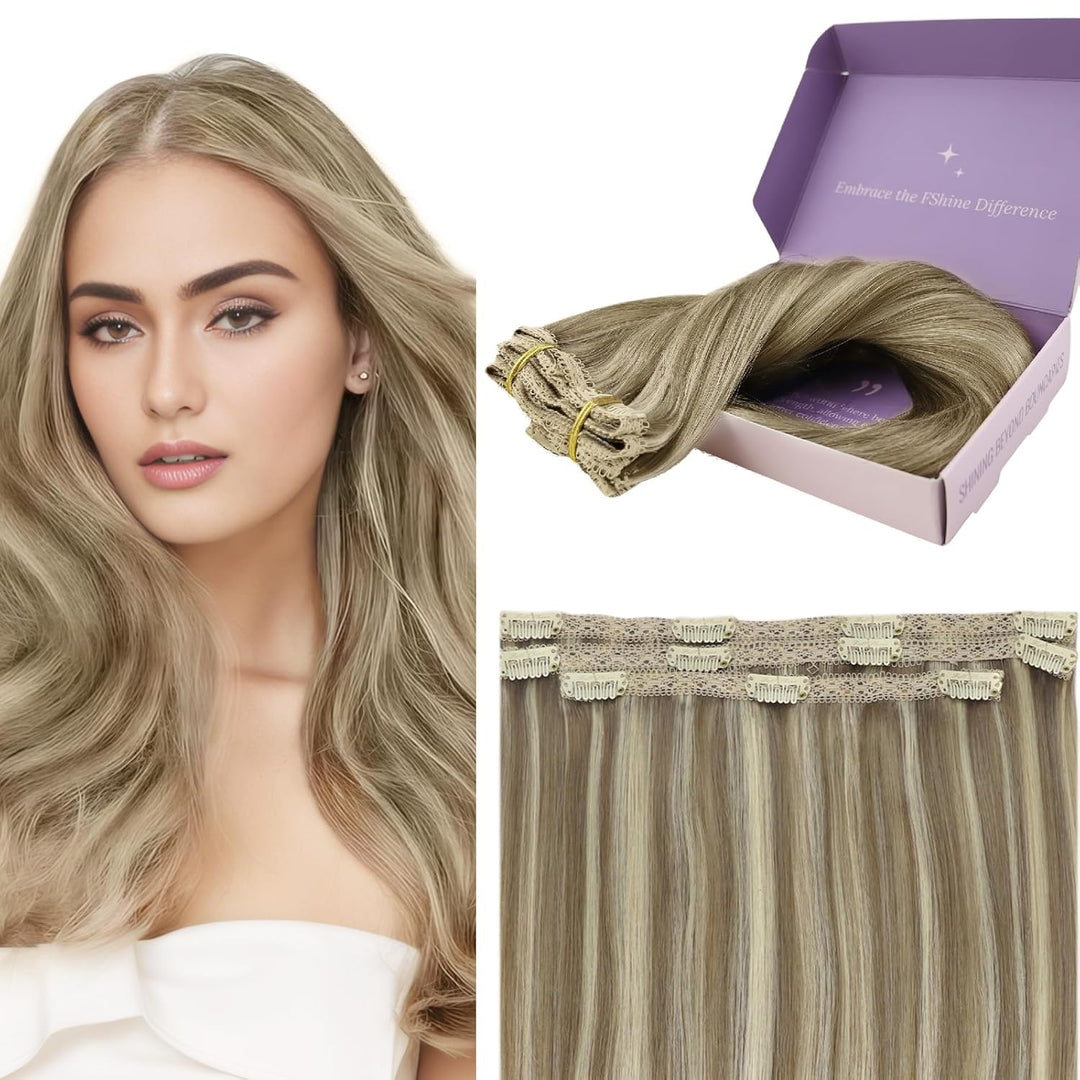 Fshine Clip Extensions Echthaar Günstig, 25cm 3 Stücke 50g Echthaar Extensions Clip in Aschbraun Hig